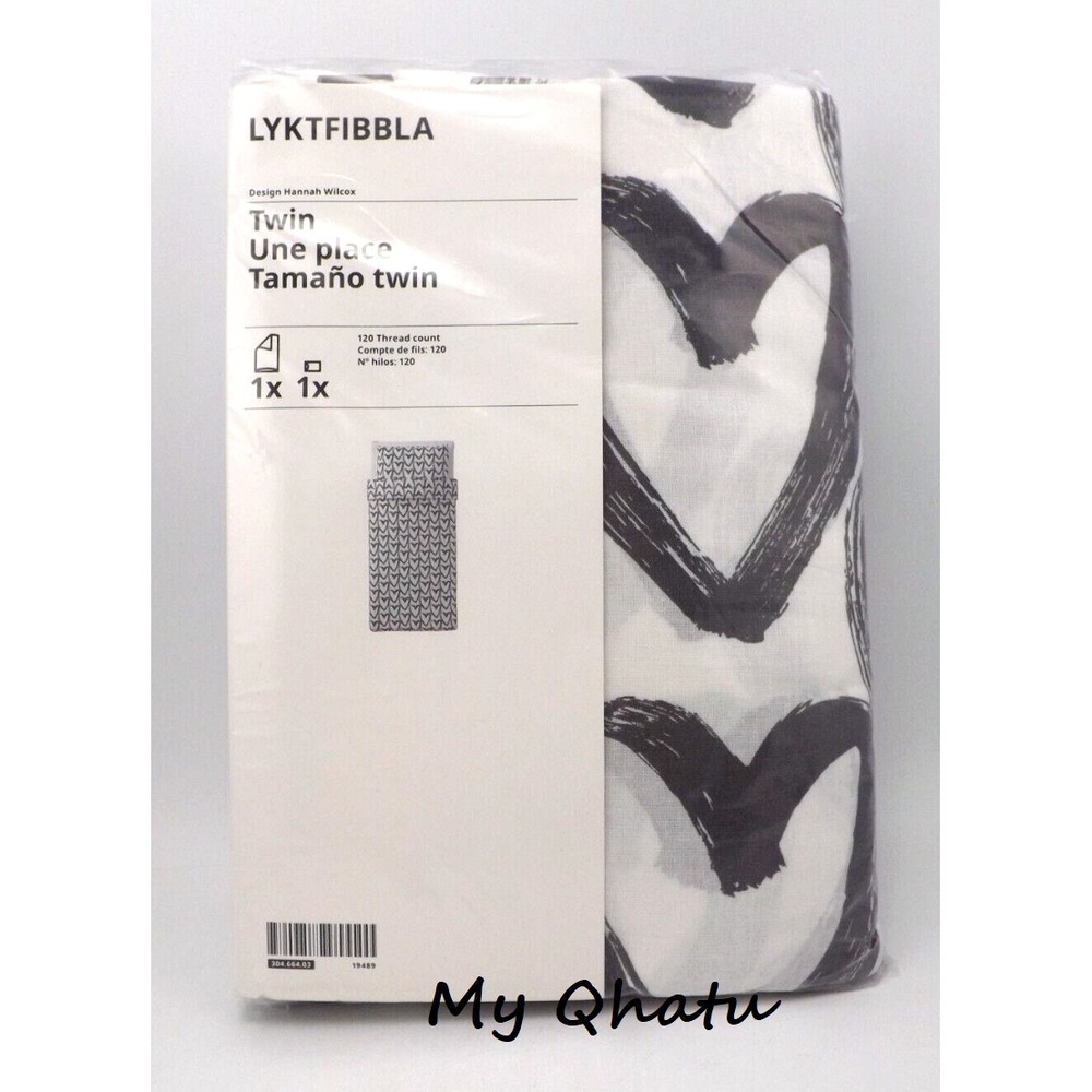 IKEA LYKTFIBBLA Twin Duvet Cover & Pillowcase Case Set Gray/White Hearts NEW